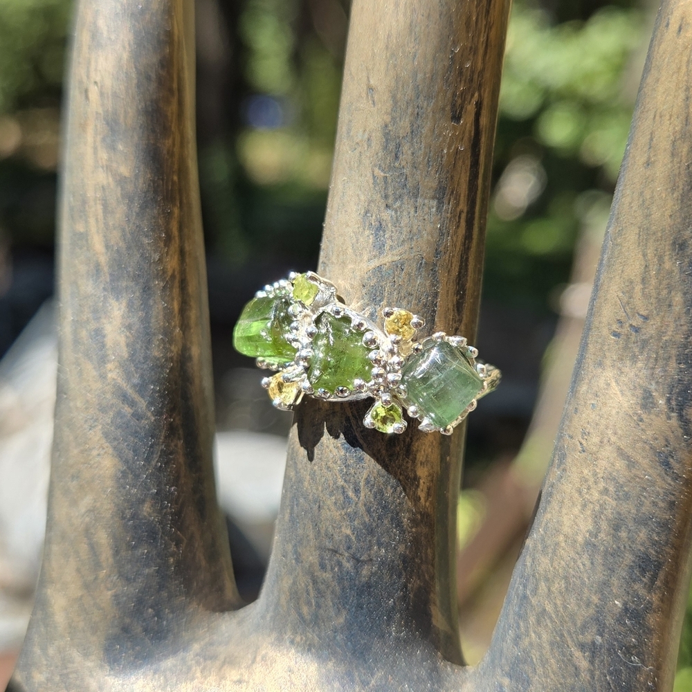 Tourmaline Natural Citrine & Peridot Sterling & White Gold Ring Sz7.5 - Picture 5 of 8